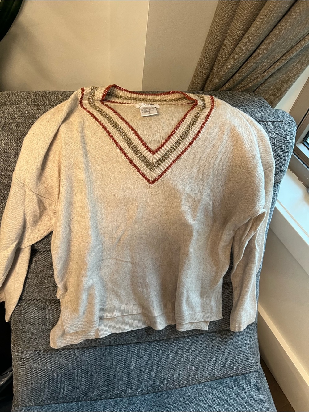 Women's Cream V-Neck Sweater with Red & Olive Stripe Detail